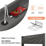 Upholstered Double Bed, Storage with USB-C Headboard, Linen