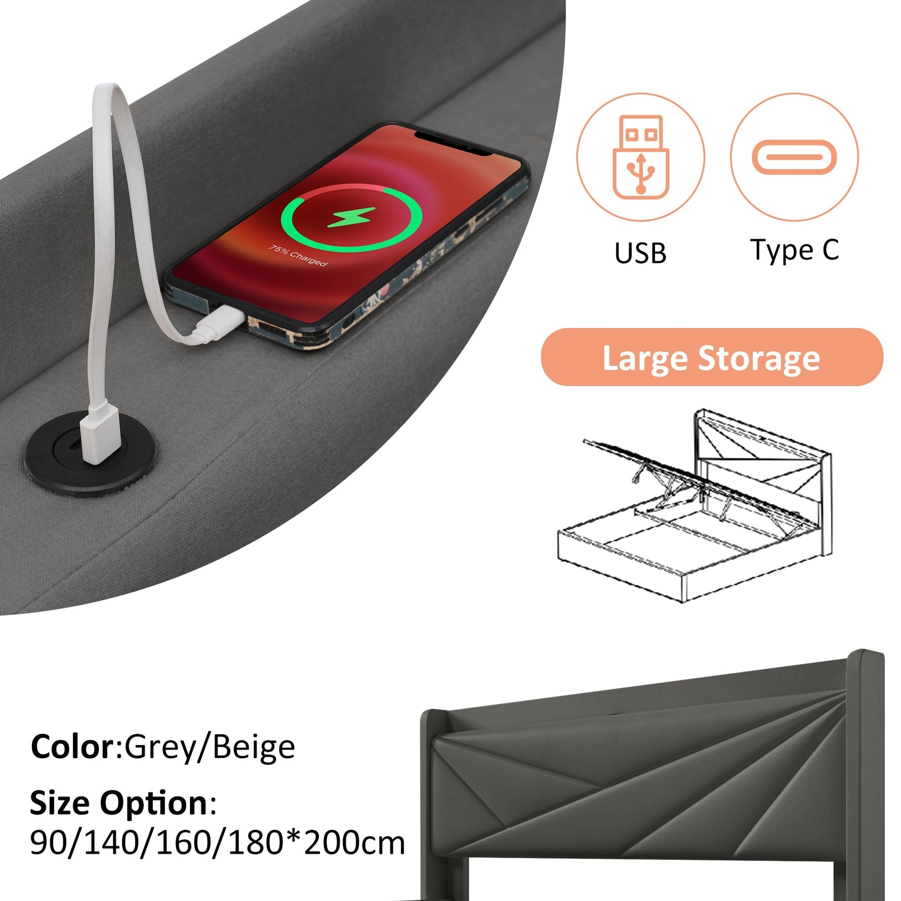 Upholstered Double Bed, Storage with USB-C Headboard, Linen
