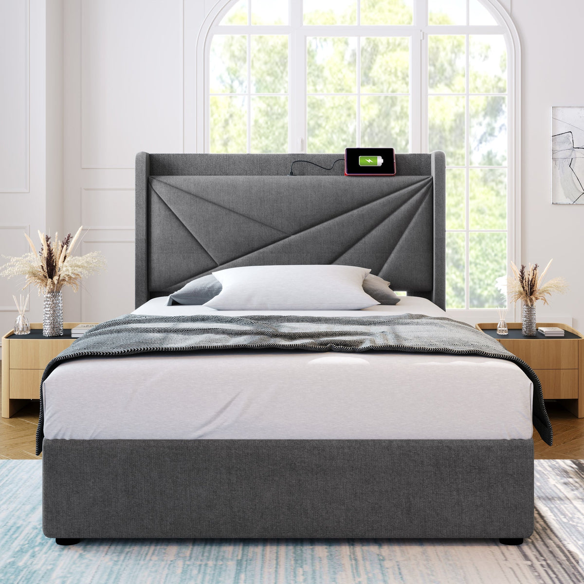 Upholstered Bed, Single with Storage & USB Headboard, Linen