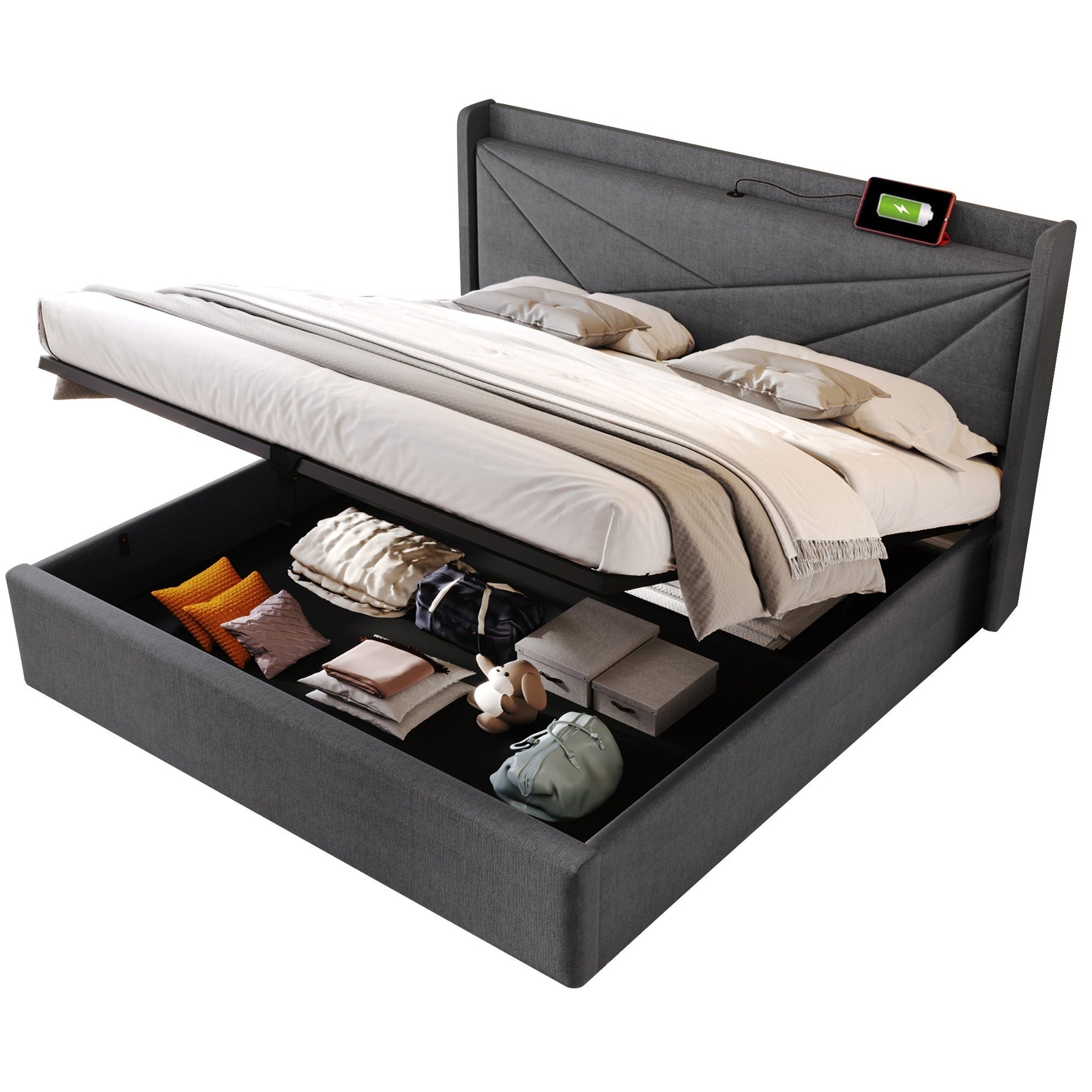 Upholstered Double Bed, Storage with USB-C Headboard, Linen