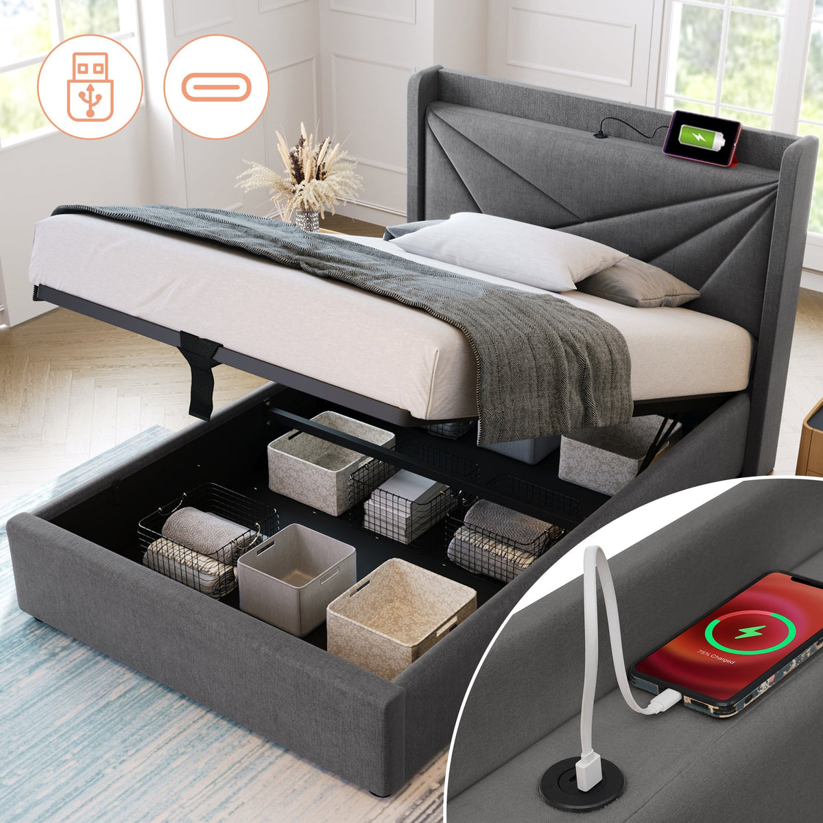 Upholstered Bed, Single with Storage & USB Headboard, Linen