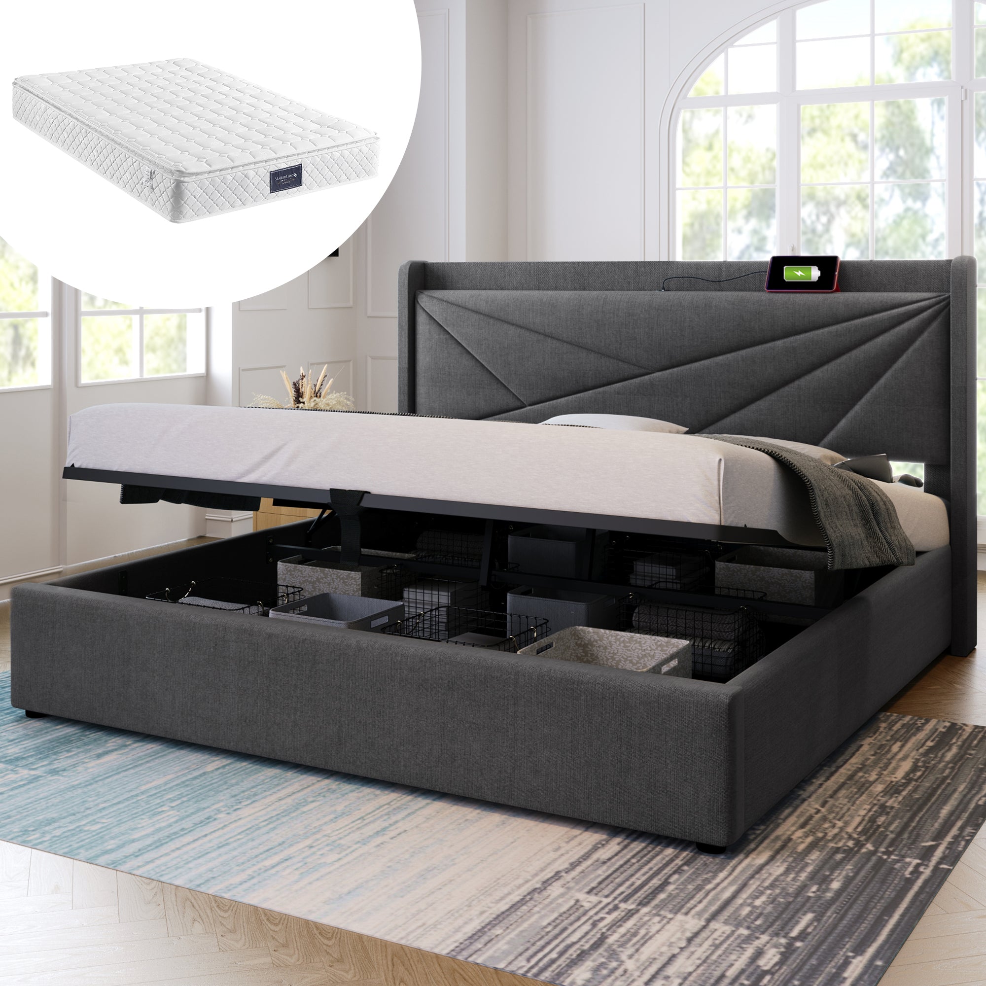 Upholstered Bed, Double, Storage Box with USB Type C Headboard, 160x200 Linen