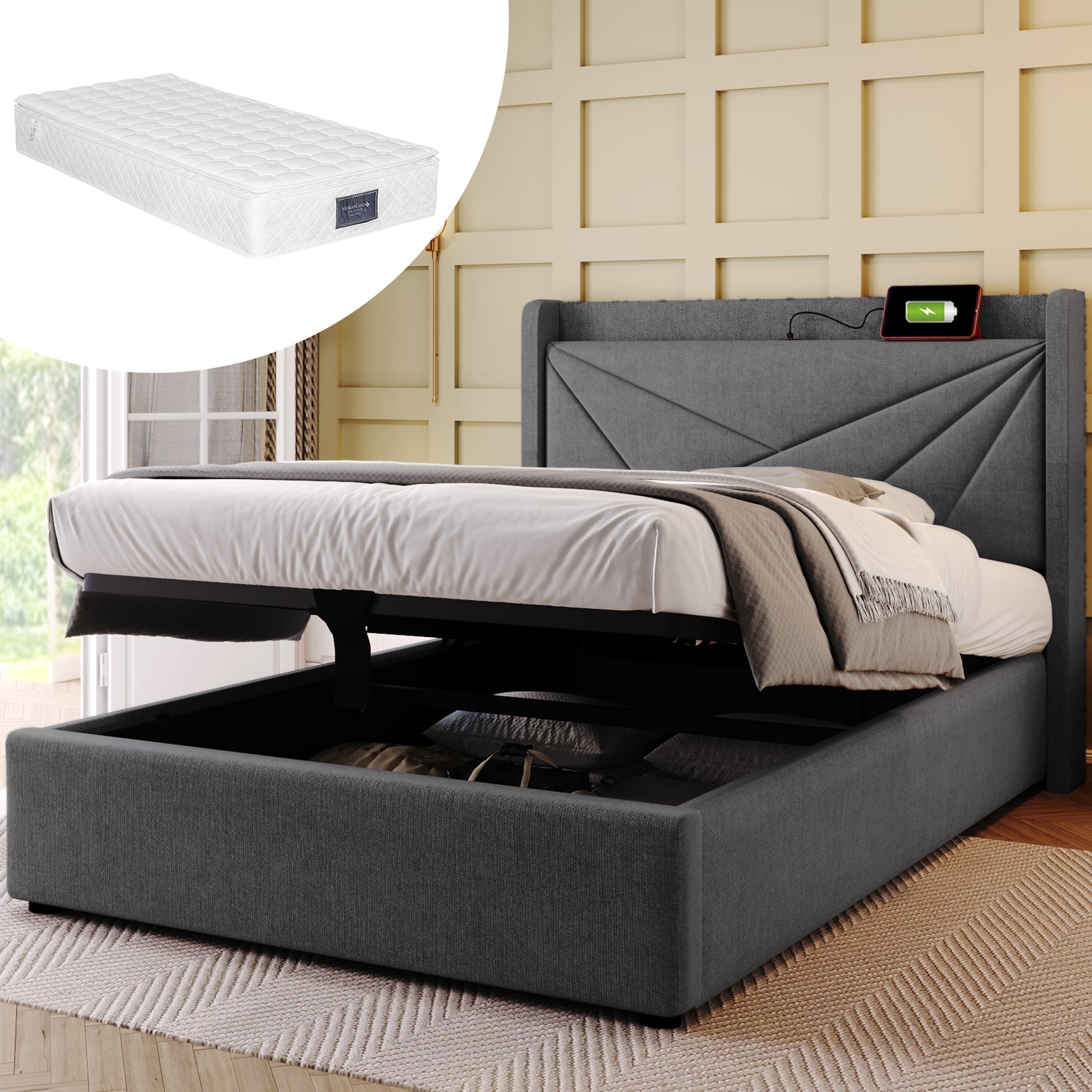 Upholstered Bed, Single with Storage & USB Headboard, Linen