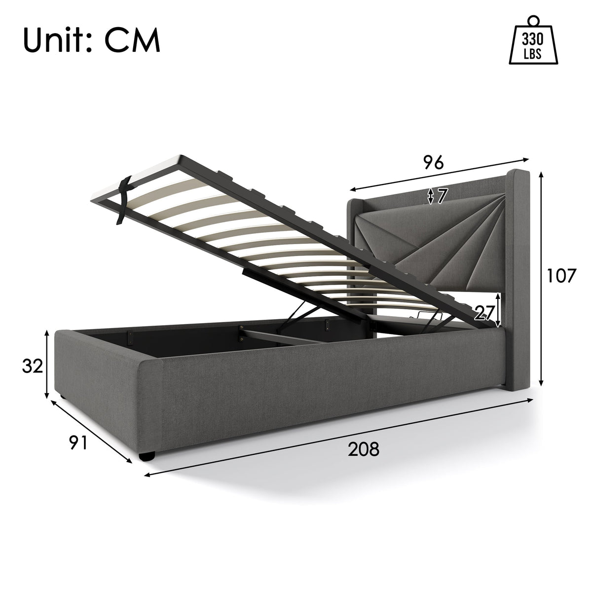 Upholstered Bed, Single Storage with USB Type C Headboard, Linen