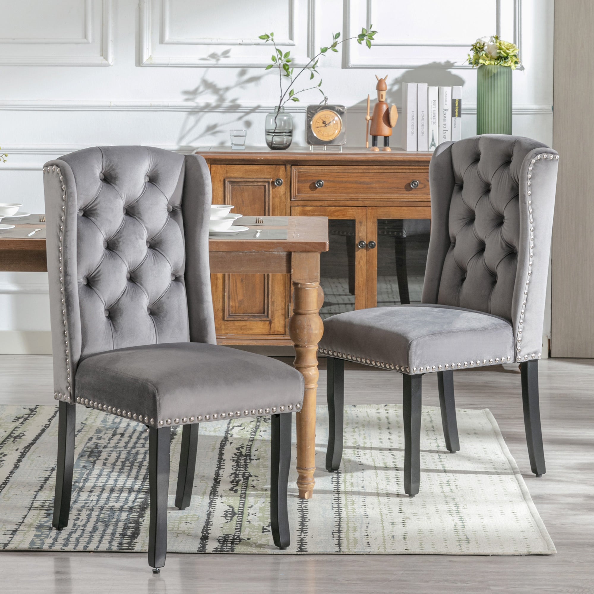 Velvet Dining Chairs Set of 2 Oak Legs Nailhead Trim - Grey