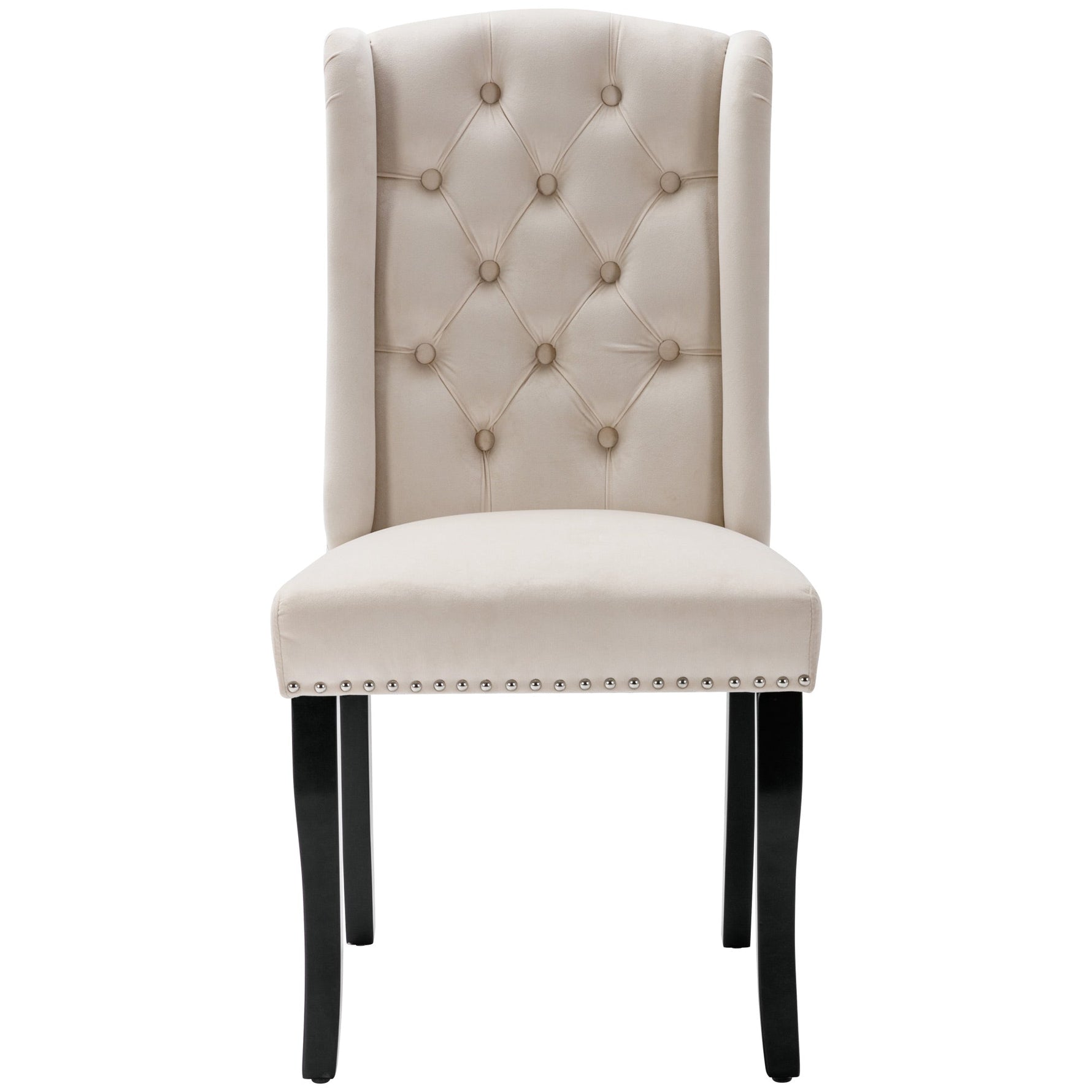 Velvet Dining Chairs Set of 2 Knocker Trim Oak Legs - Beige