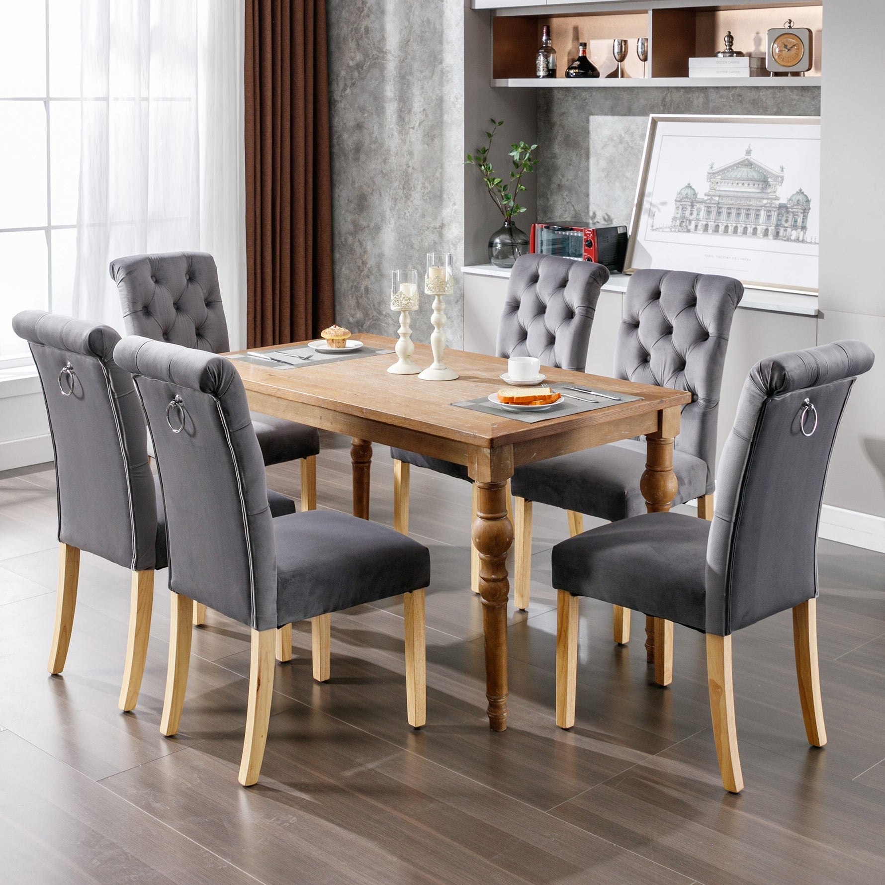 Velvet Dining Chairs Set of 4 with Oak Legs, Button Back and Chrome Knocker, Grey Velvet