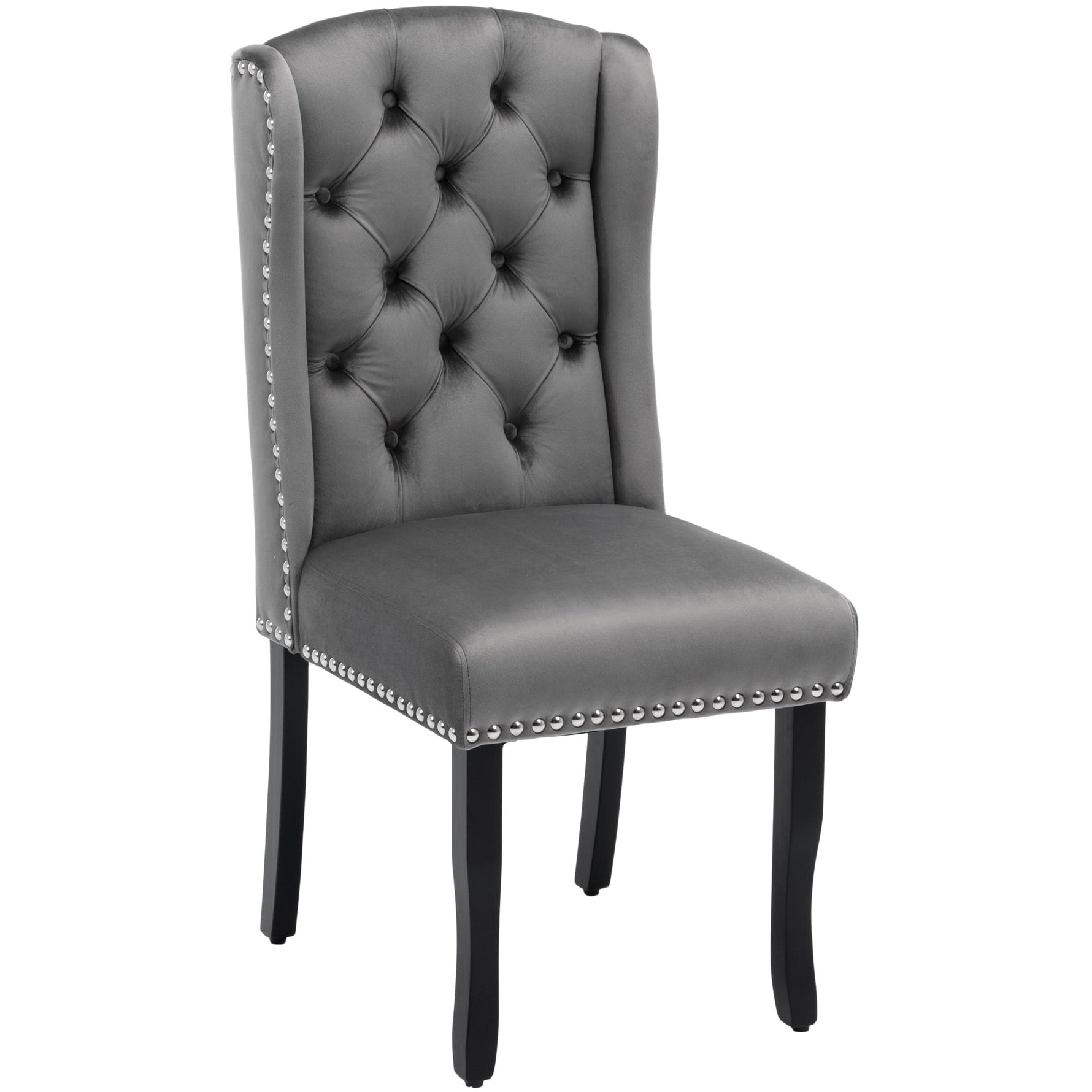 Velvet Dining Chairs Set of 6 | Oak Legs Chrome Knocker Nailhead Trim - Grey