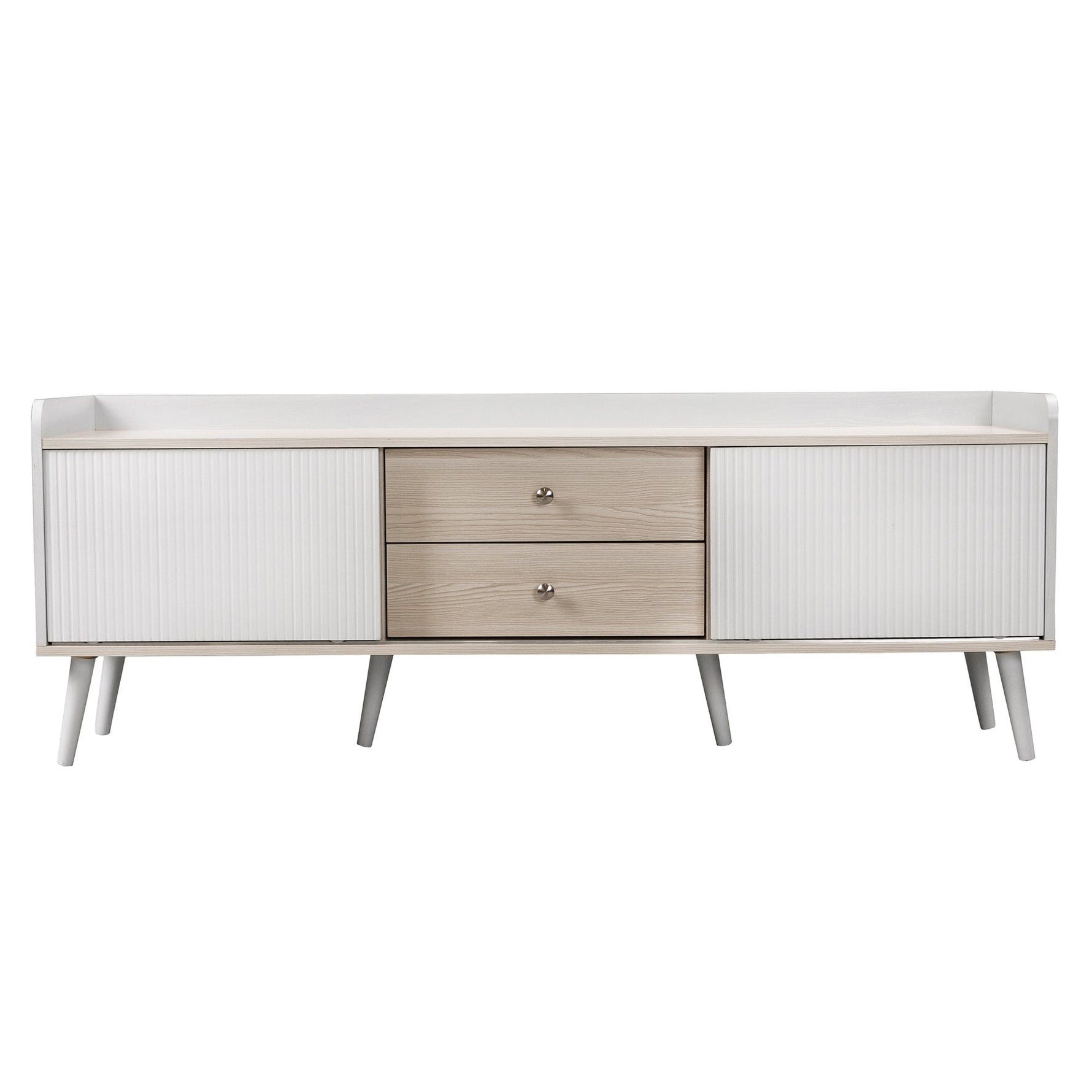 TV Cabinet, Two Drawers, Sliding Doors, White and Natural Wood