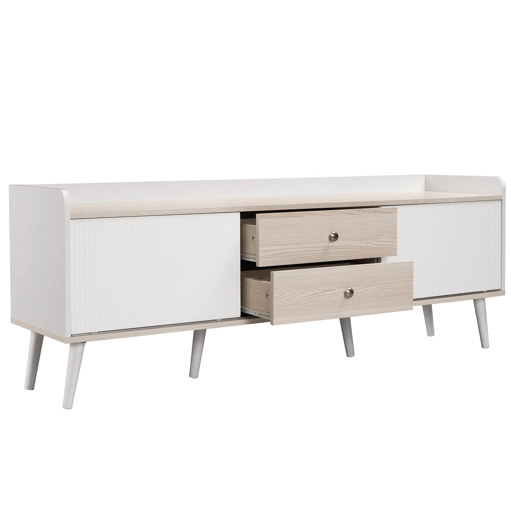 TV Cabinet, Two Drawers, Sliding Doors, White and Natural Wood