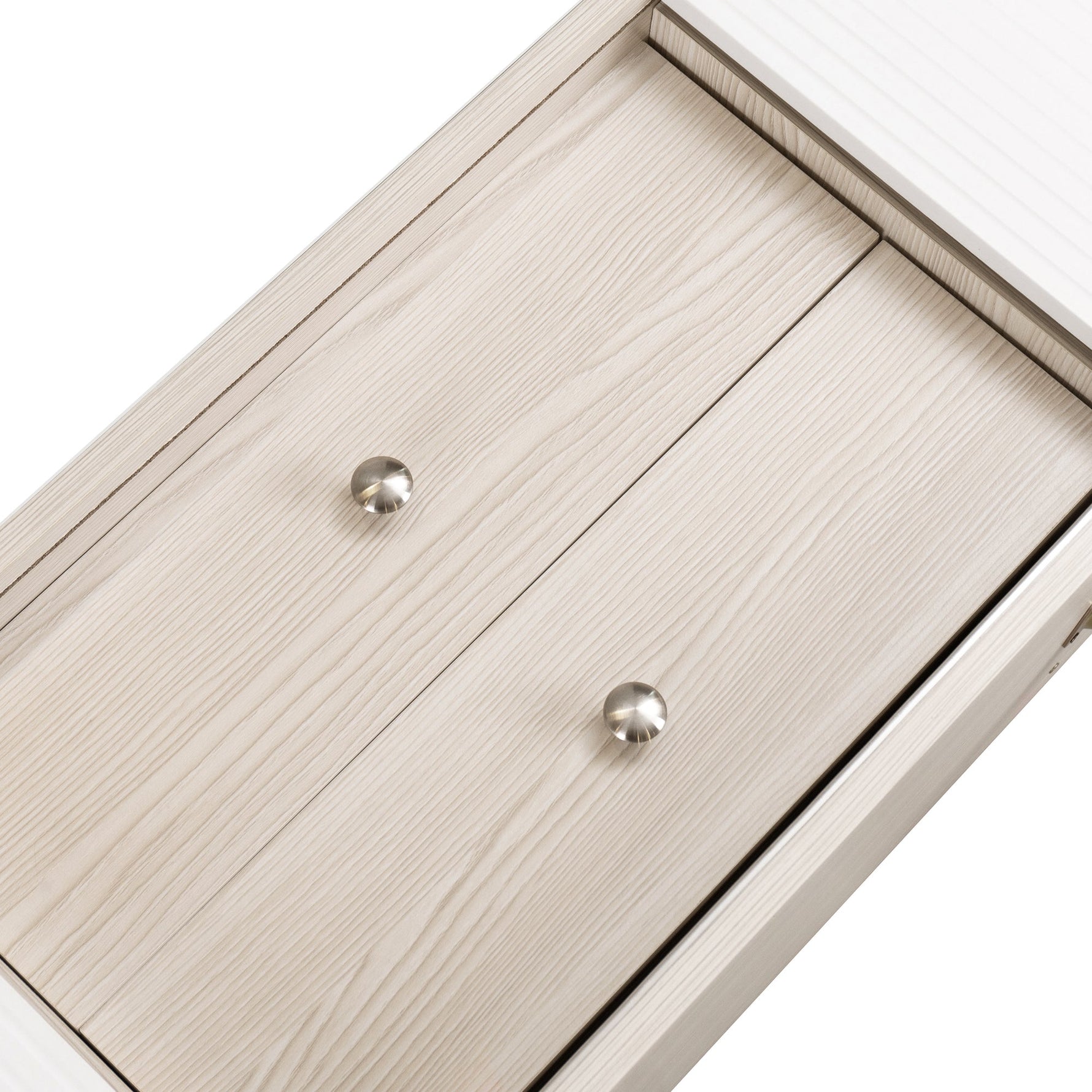 TV Cabinet, Two Drawers, Sliding Doors, White and Natural Wood
