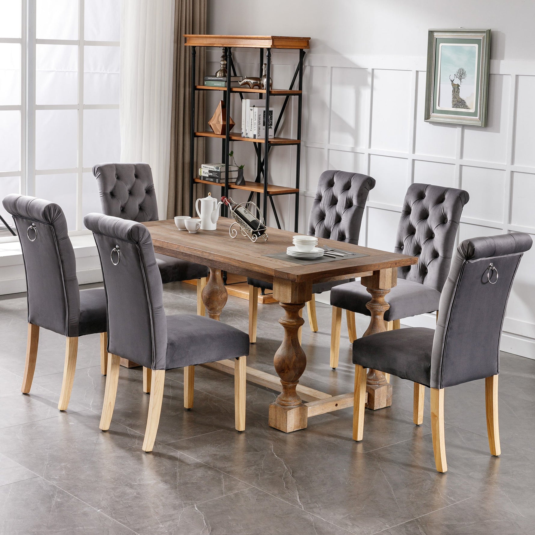 Velvet Dining Chairs Set of 4 with Oak Legs, Button Back and Chrome Knocker, Grey Velvet