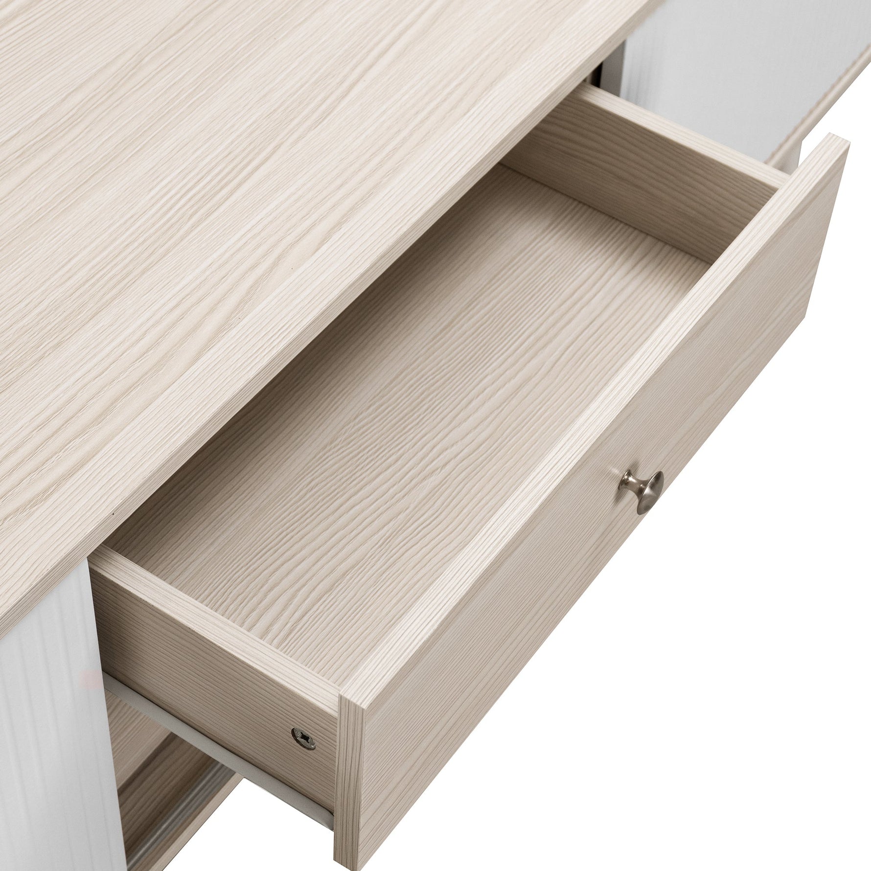 TV Cabinet, Two Drawers, Sliding Doors, White and Natural Wood
