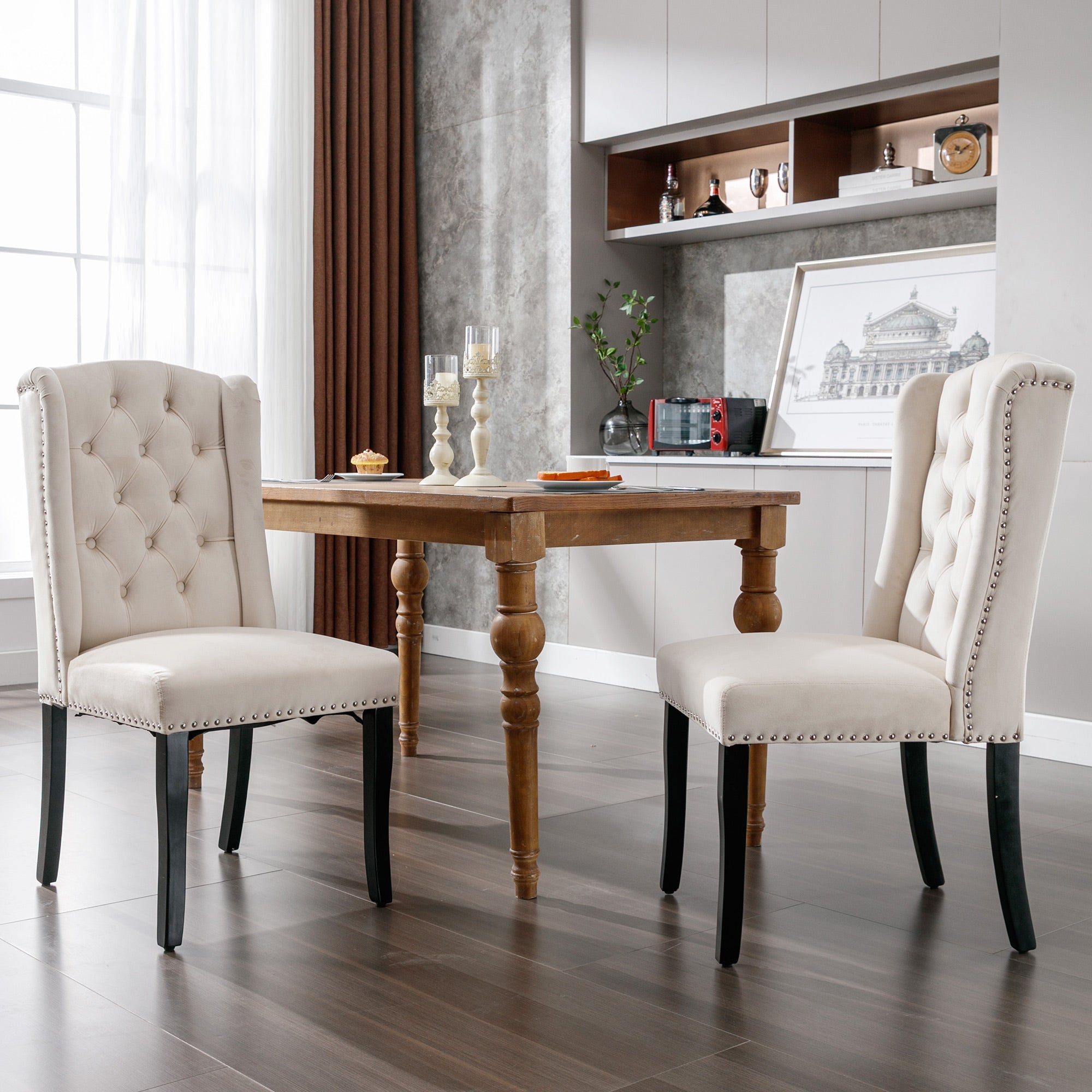 Velvet Dining Chairs Set of 2 Knocker Trim Oak Legs - Beige