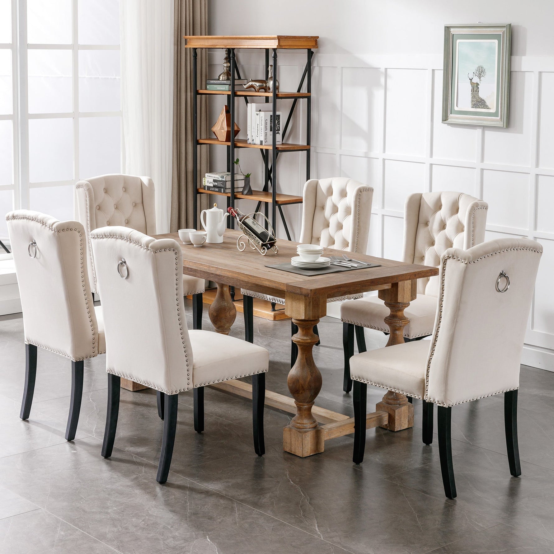 Velvet Dining Chairs Set of 2 Knocker Trim Oak Legs - Beige
