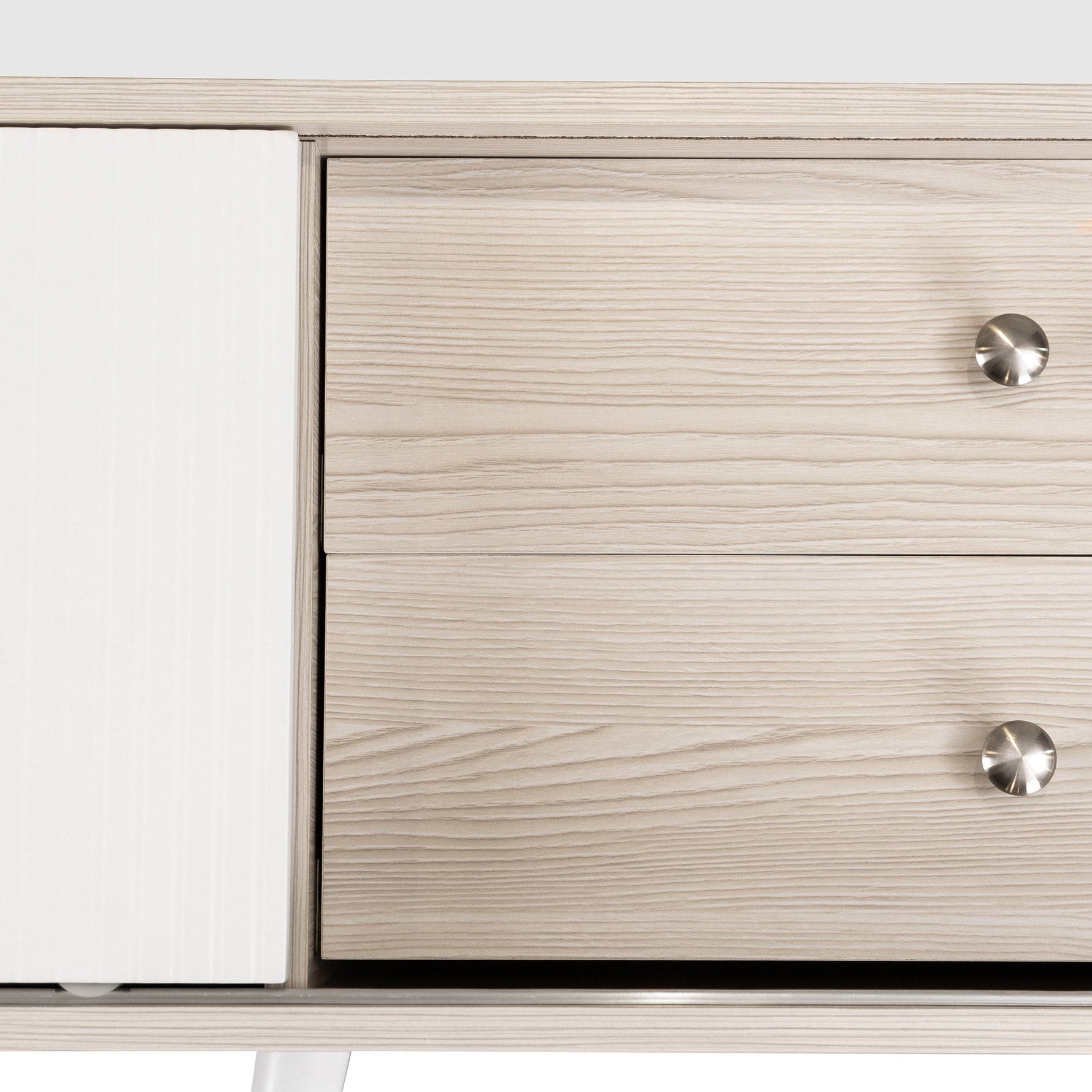 TV Cabinet, Two Drawers, Sliding Doors, White and Natural Wood