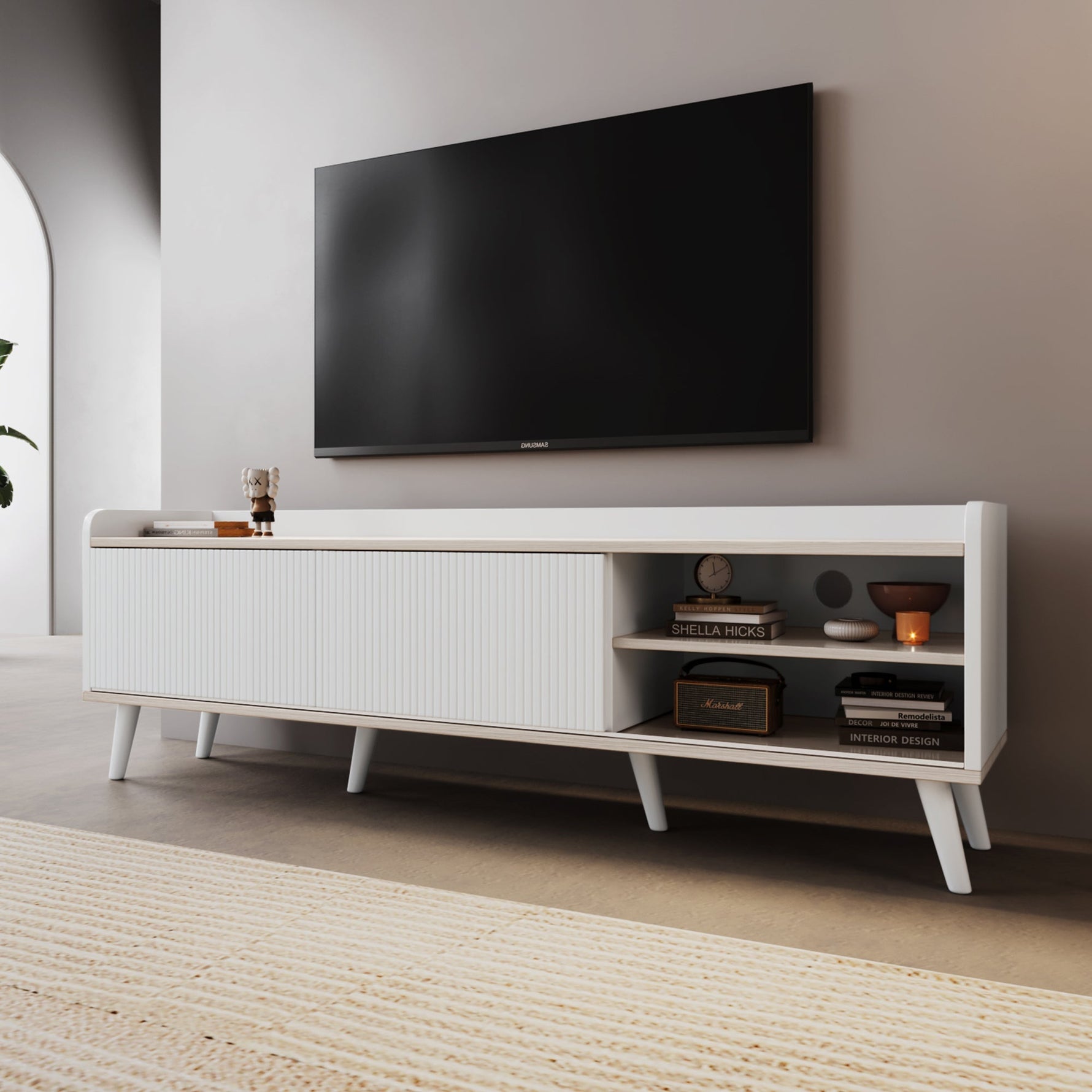 TV Cabinet, Two Drawers, Sliding Doors, White and Natural Wood