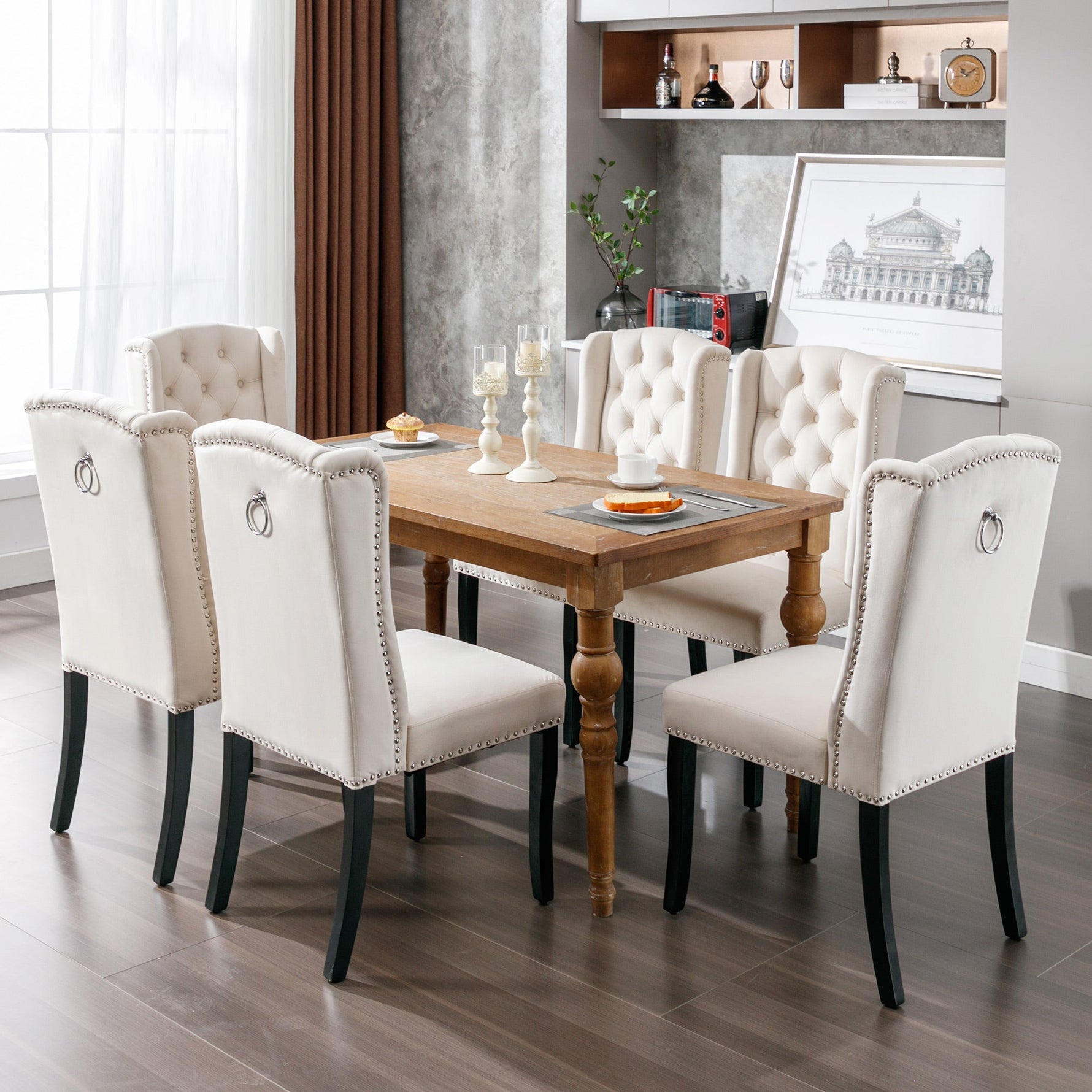 Velvet Dining Chairs Set of 2 Knocker Trim Oak Legs - Beige