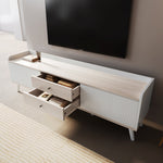 TV Cabinet, Two Drawers, Sliding Doors, White and Natural Wood