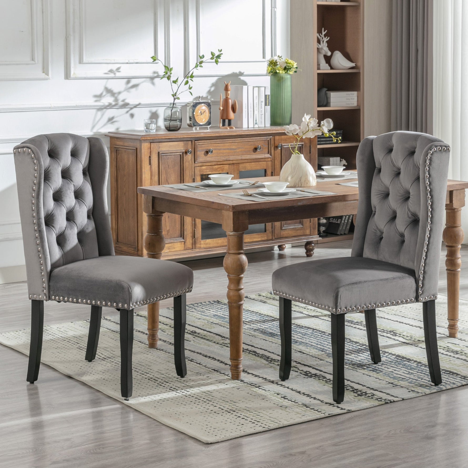 Velvet Dining Chairs Set of 2 Oak Legs Nailhead Trim - Grey