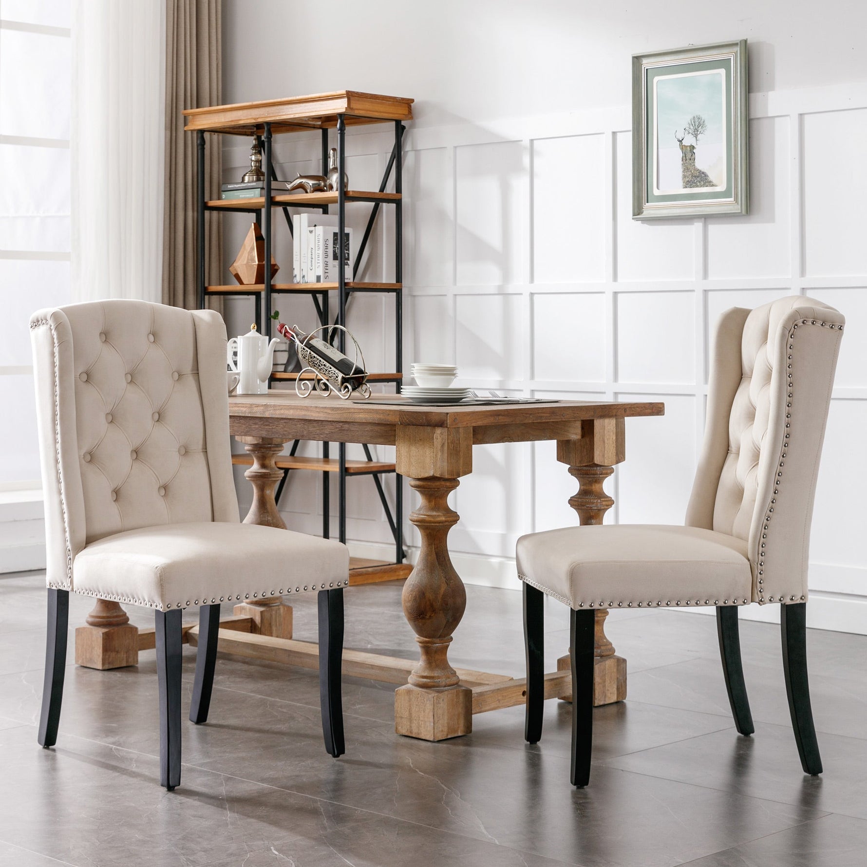 Velvet Dining Chairs Set of 2 Knocker Trim Oak Legs - Beige