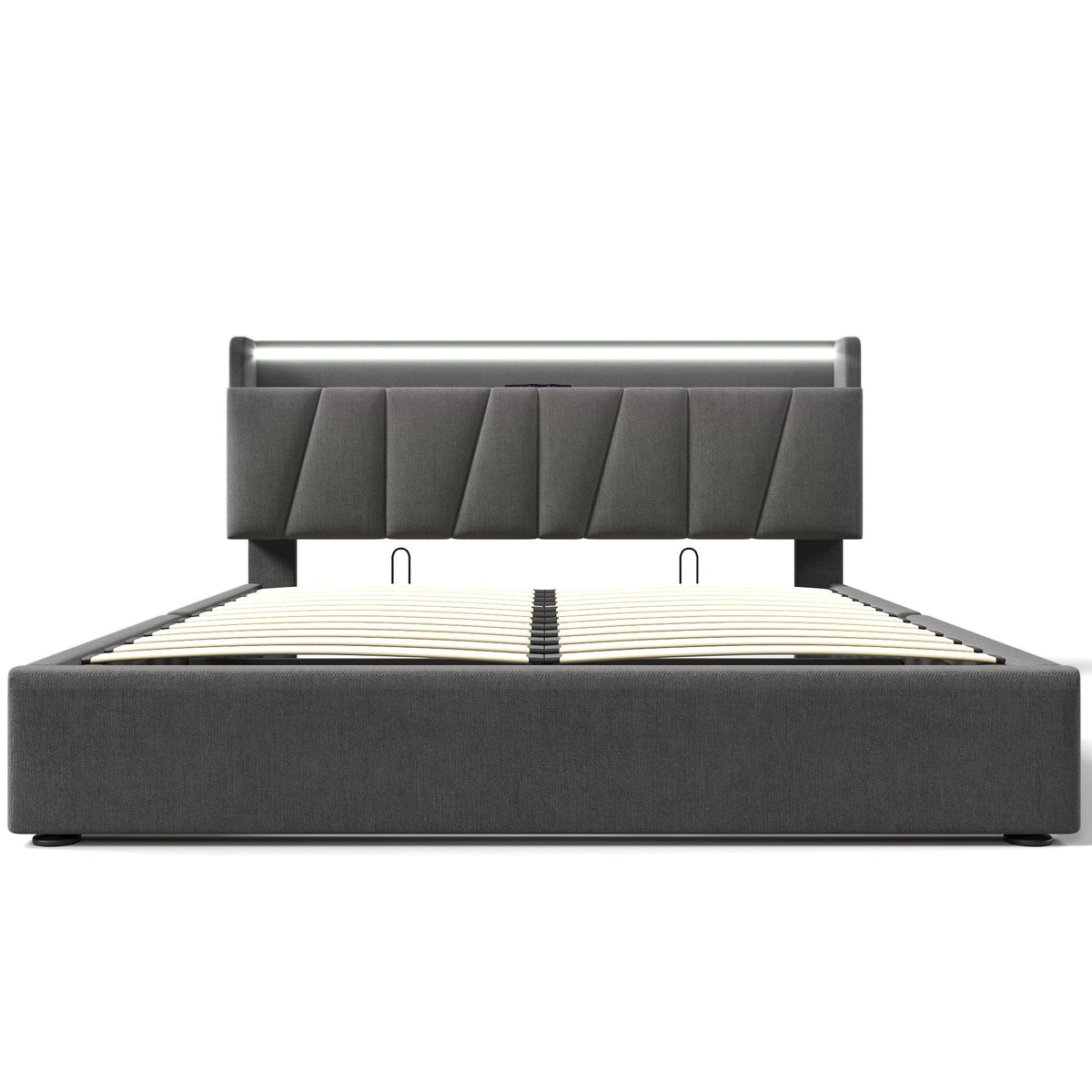 Upholstered Double Bed, 160x200cm, USB Charging, LED Lighting, Storage Headboard, Gray