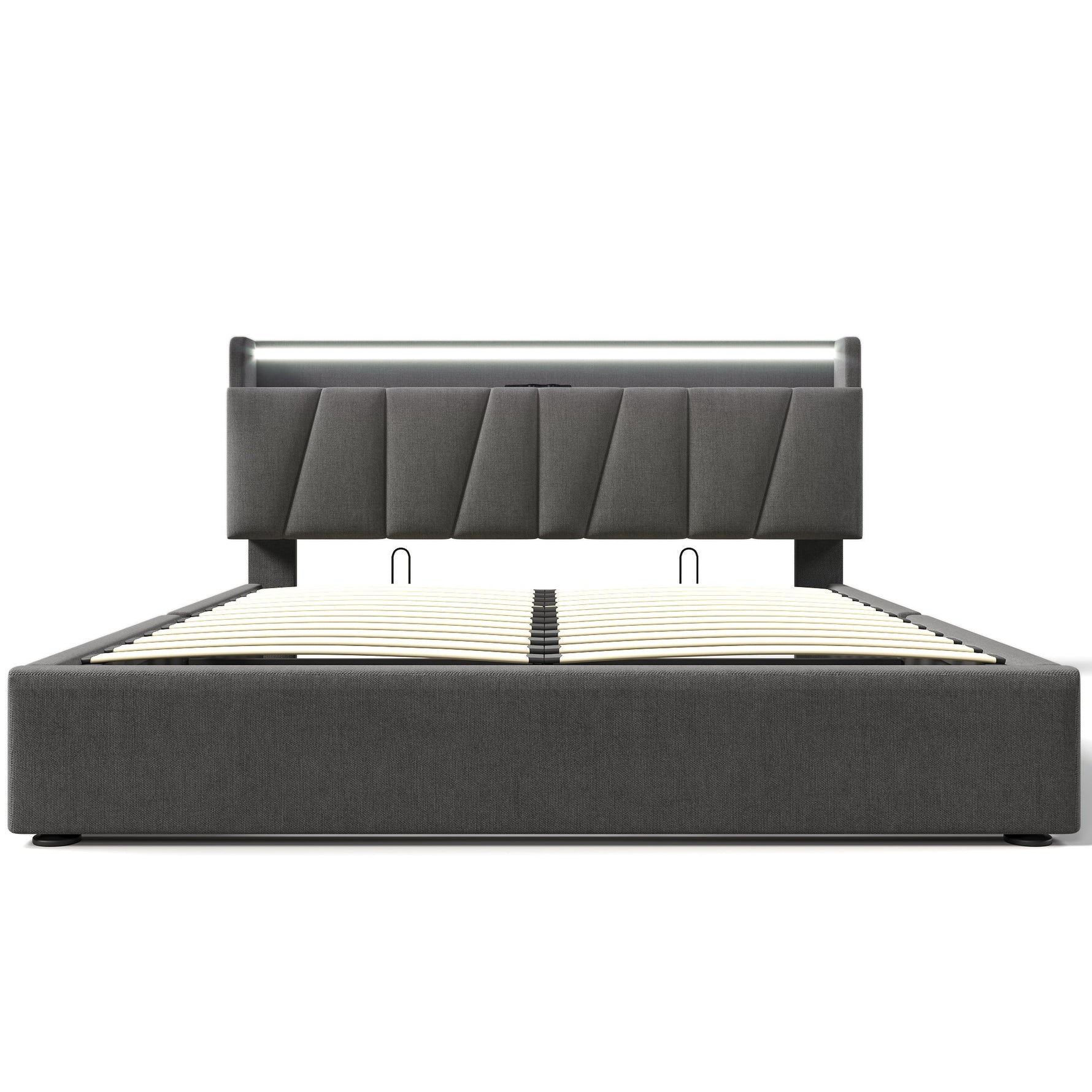 Upholstered Double Bed, USB Charging, Storage Headboard & LED, 160x200cm, Gray