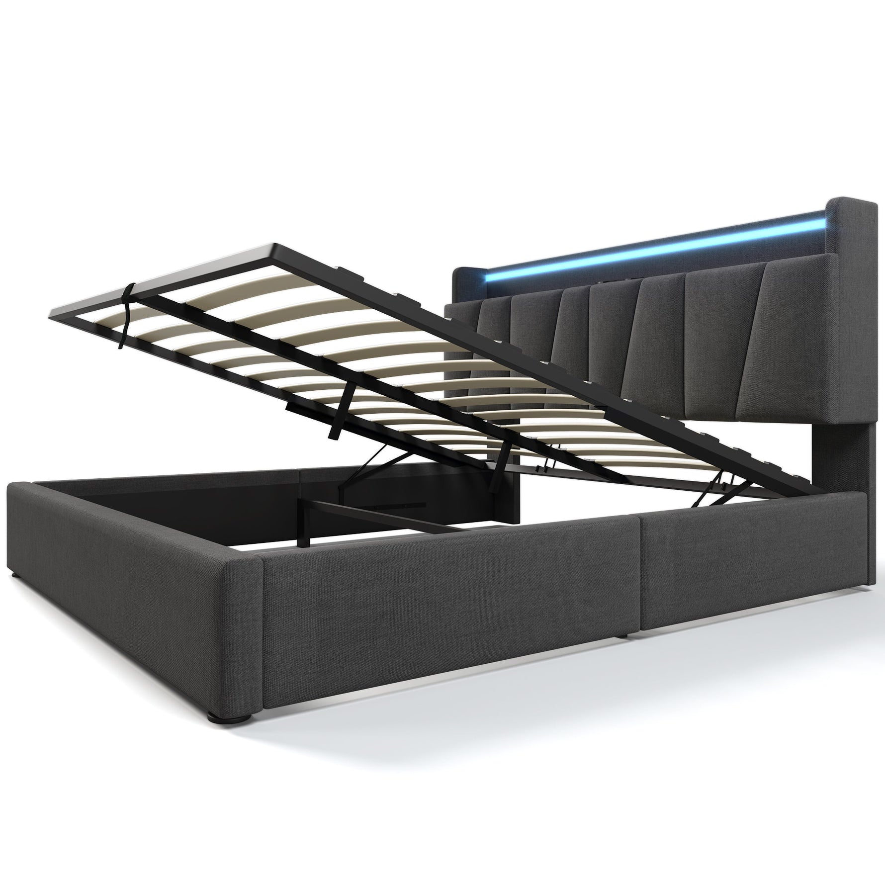 Upholstered Double Bed, USB Charging, Storage Headboard & LED, 160x200cm, Gray