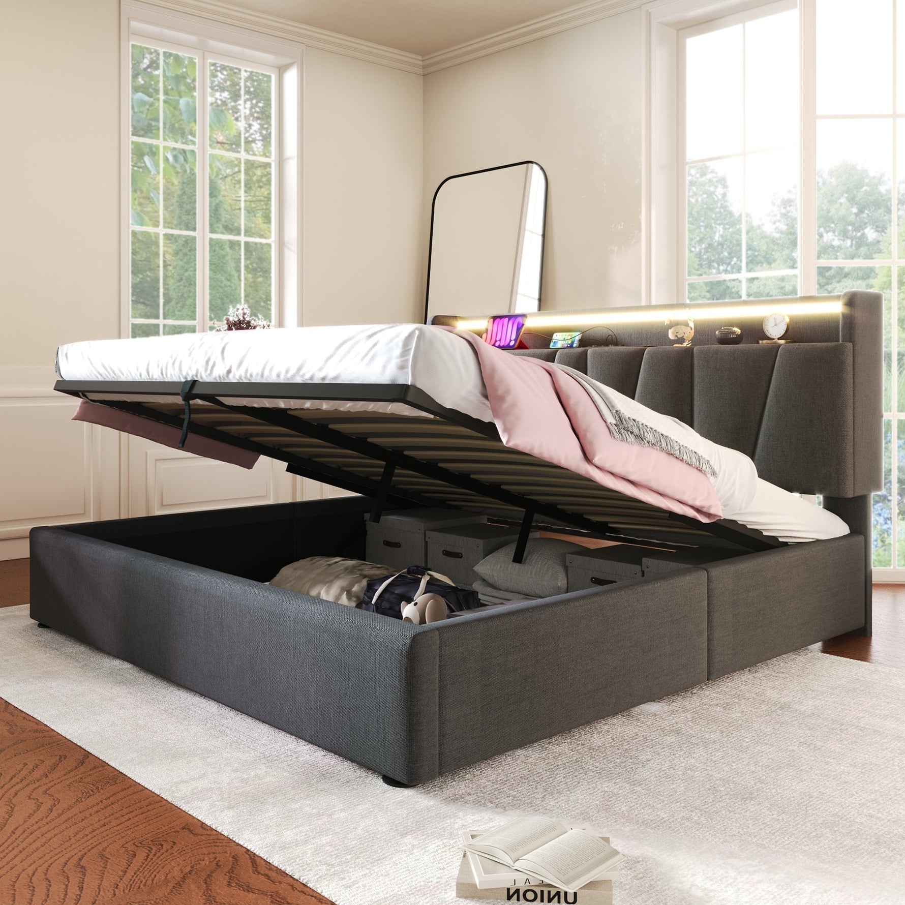 Upholstered Double Bed with USB, Storage Headboard and LED, 140x190cm, Grey Wood