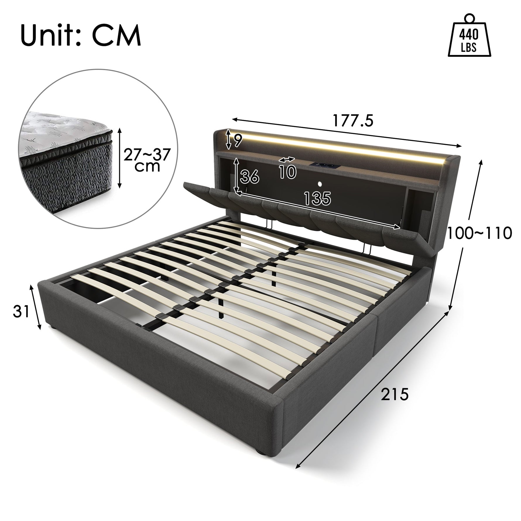 Upholstered Double Bed, USB Charging, Storage Headboard & LED, 160x200cm, Gray
