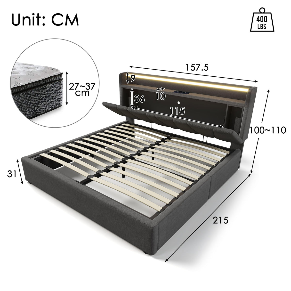 Upholstered Double Bed, USB Charging & LED Storage Headboard, 140x200cm, Gray