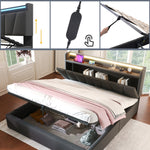 Upholstered Double Bed with USB, Storage Headboard and LED, 140x190cm, Grey Wood