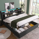 Upholstered Double Bed with USB, Storage Headboard and LED, 140x190cm, Grey Wood