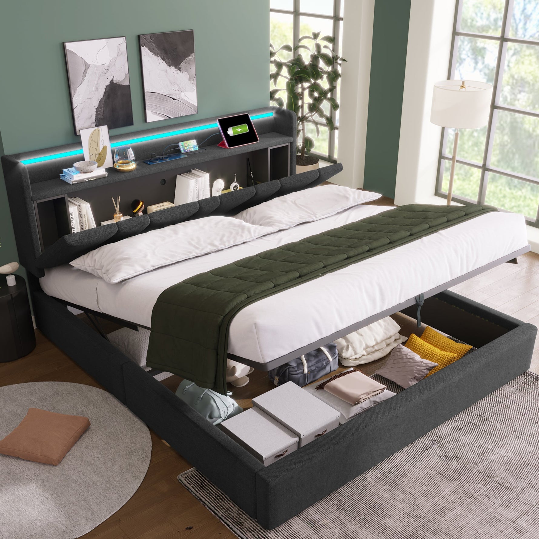 Upholstered Double Bed with USB, Storage Headboard and LED, 140x190cm, Grey Wood
