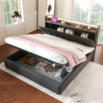 Upholstered Double Bed with USB, Storage Headboard and LED, 140x190cm, Grey Wood