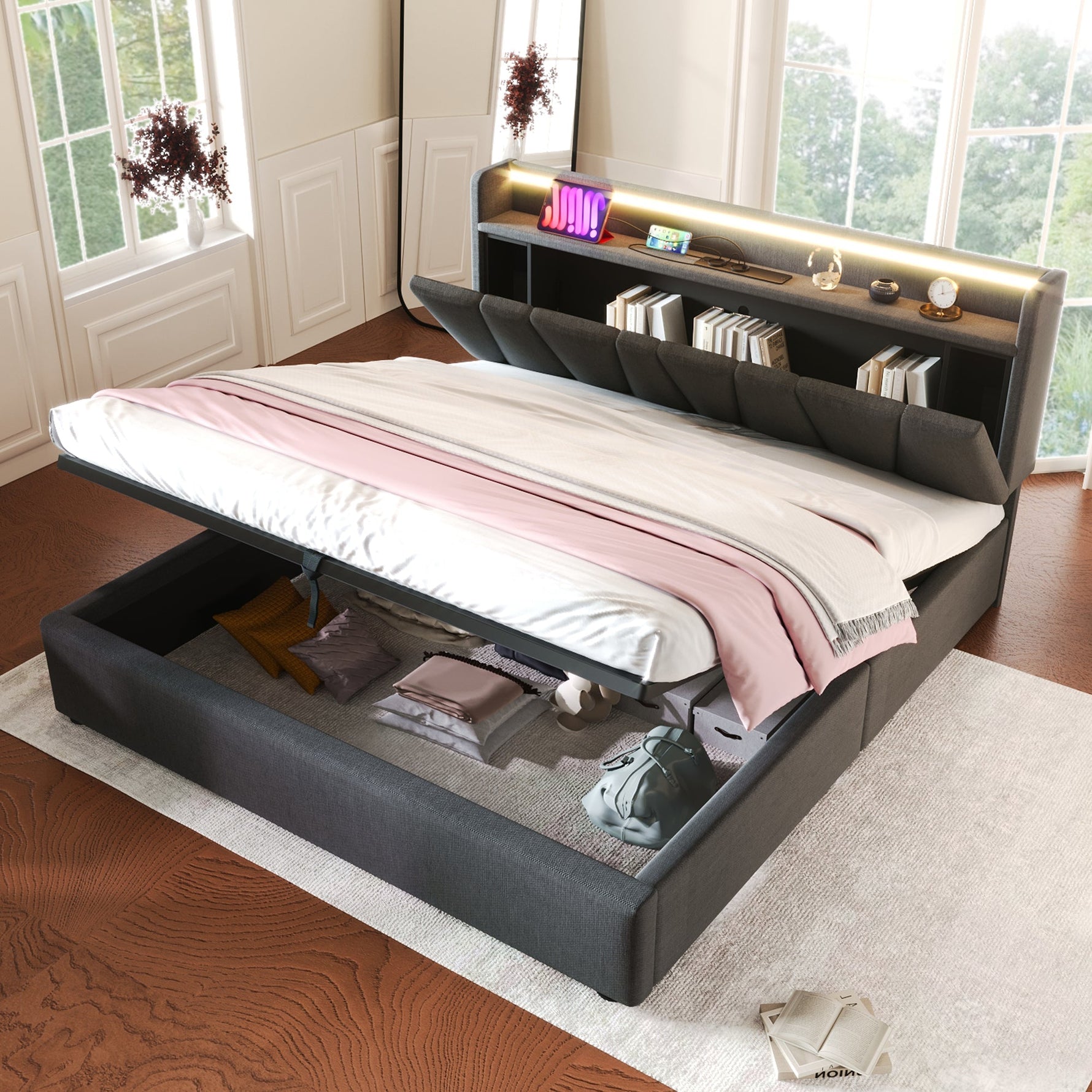 Upholstered Double Bed with USB, Storage Headboard and LED, 140x190cm, Grey Wood