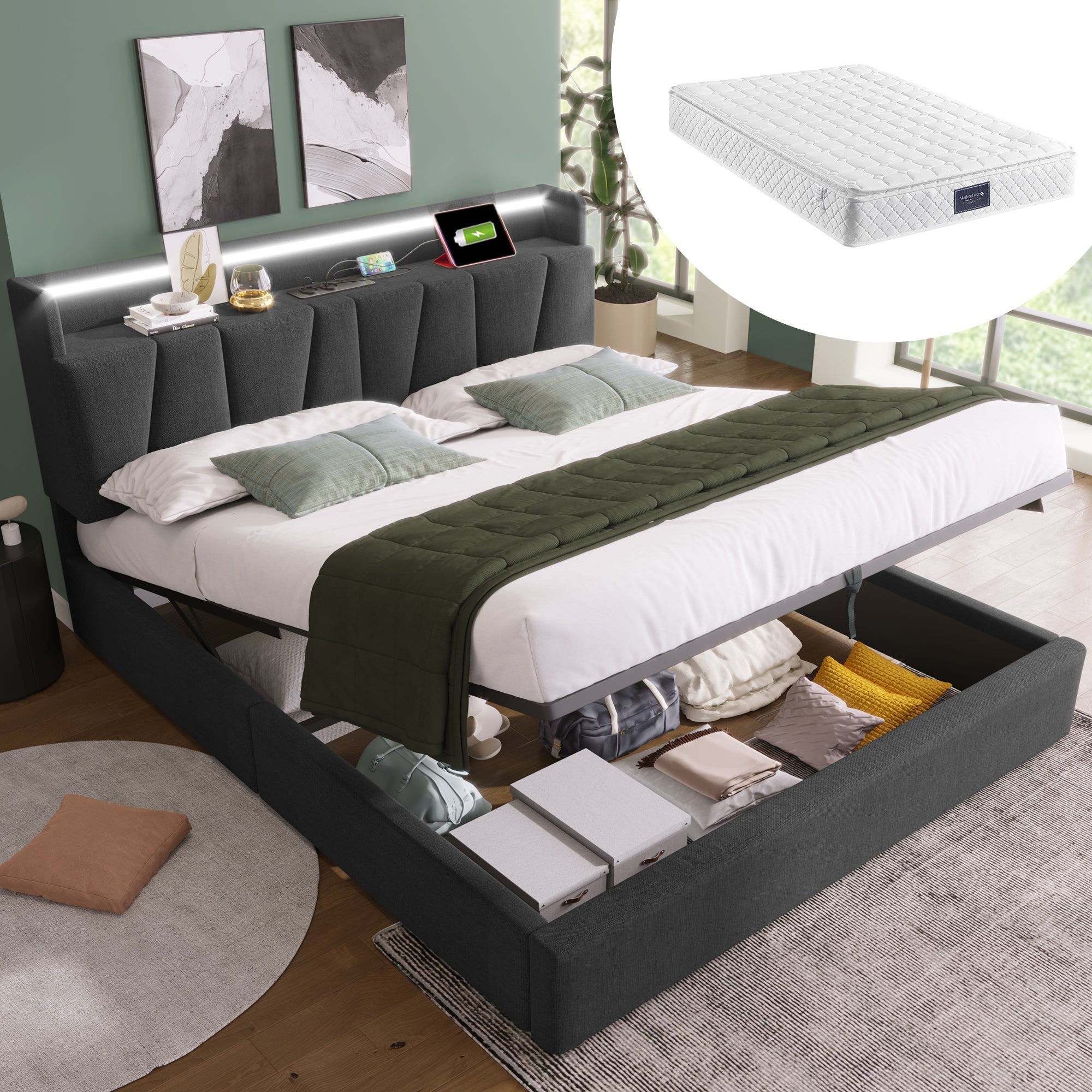Upholstered Double Bed, 140x200cm, USB Charging, LED, Storage Headboard, Gray Fabric