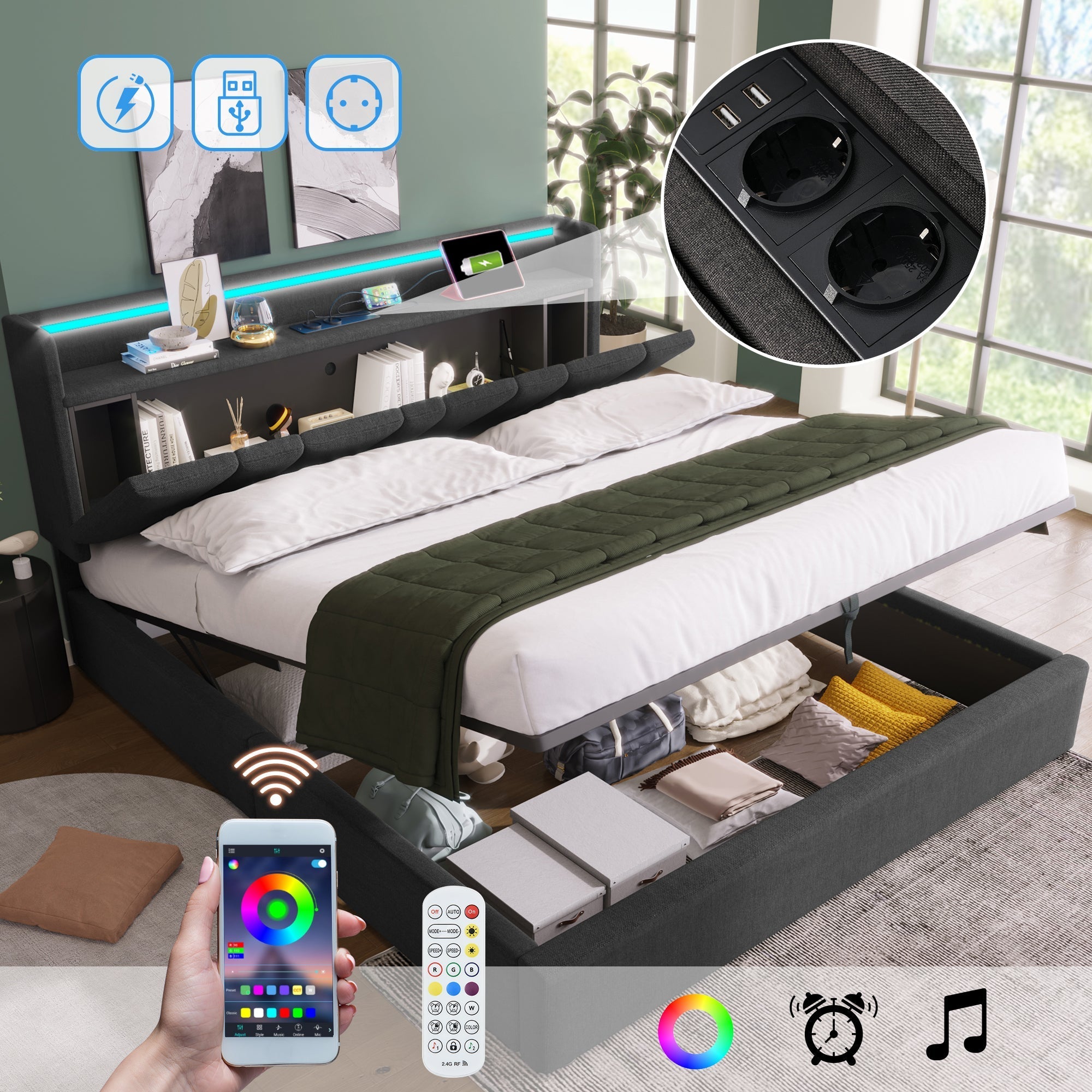 Upholstered Double Bed, USB Charging & LED Storage Headboard, 140x200cm, Gray