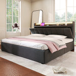 Upholstered Double Bed with USB, Storage Headboard and LED, 140x190cm, Grey Wood