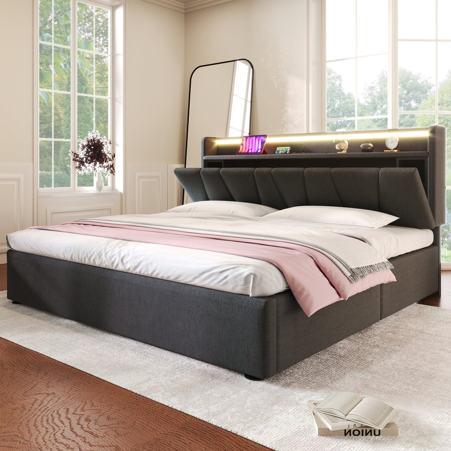 Upholstered Double Bed with USB, Storage Headboard and LED, 140x190cm, Grey Wood