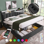 Upholstered Double Bed, USB Charging, Storage Headboard & LED, 160x200cm, Gray