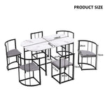 Six-Chair Dining Table Set - White Tabletop, Grey Cushions - Black Iron Frame