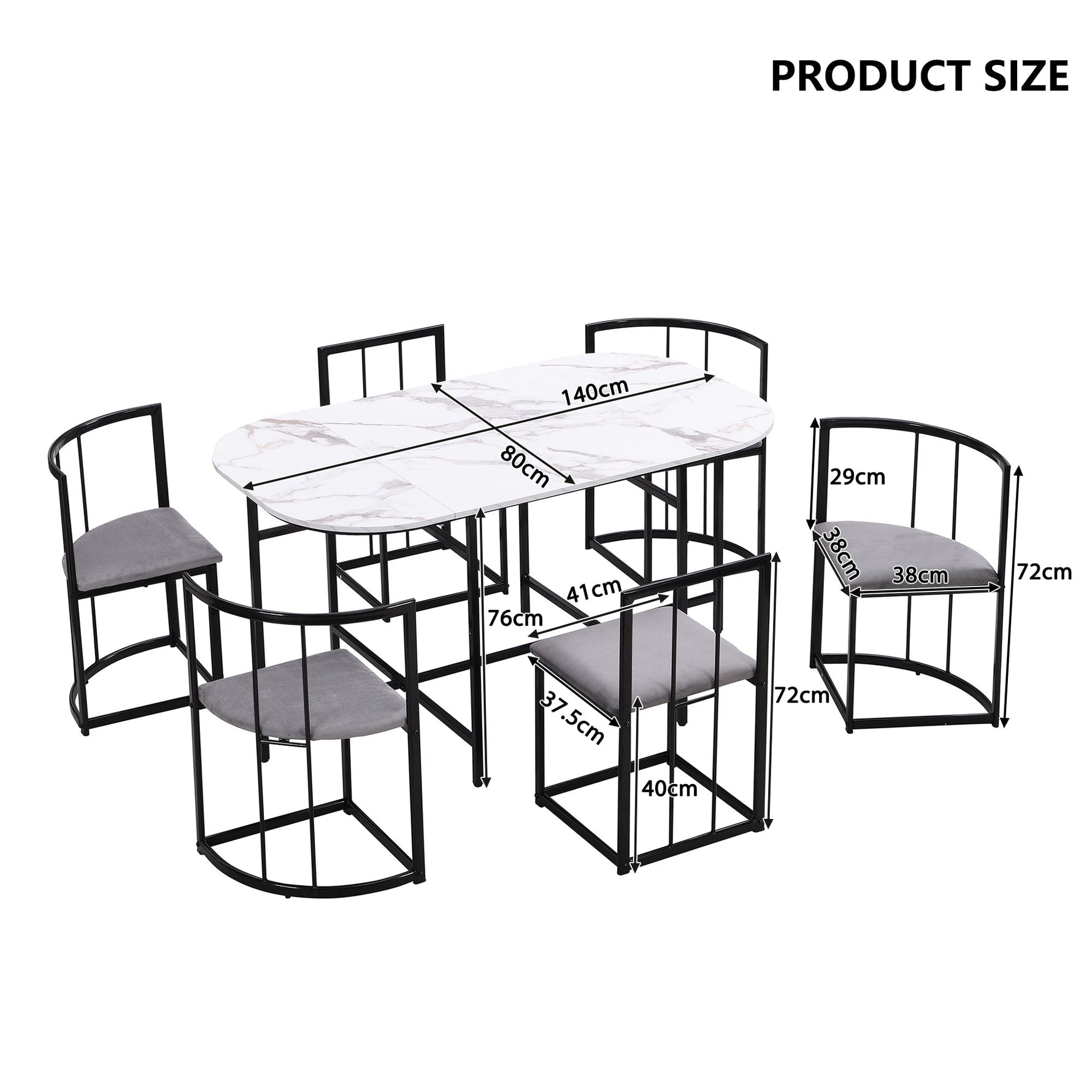 Six-Chair Dining Table Set - White Tabletop, Grey Cushions - Black Iron Frame