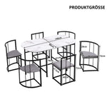 Six-Chair Dining Table Set - White Tabletop, Grey Cushions - Black Iron Frame