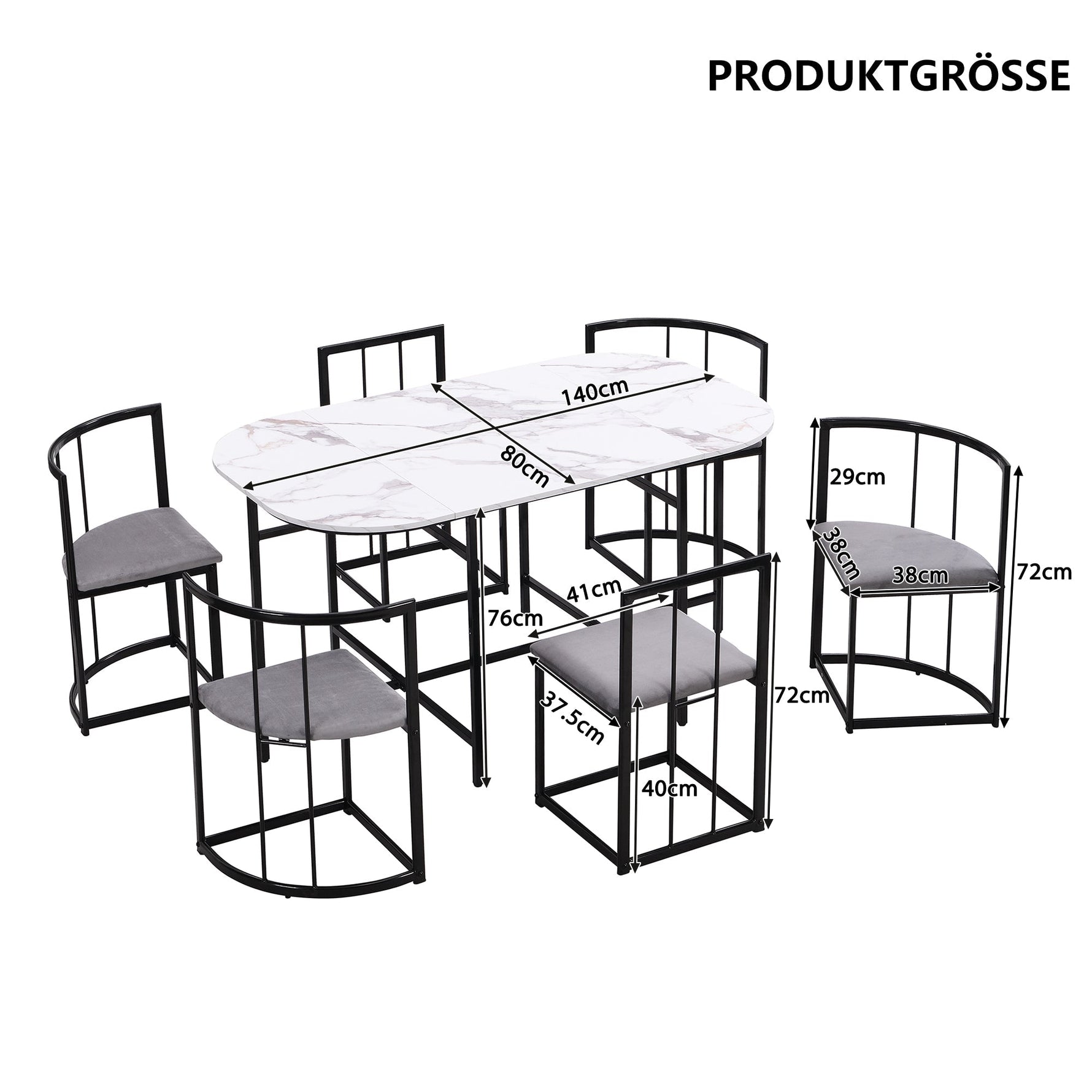 Six-Chair Dining Table Set - White Tabletop, Grey Cushions - Black Iron Frame