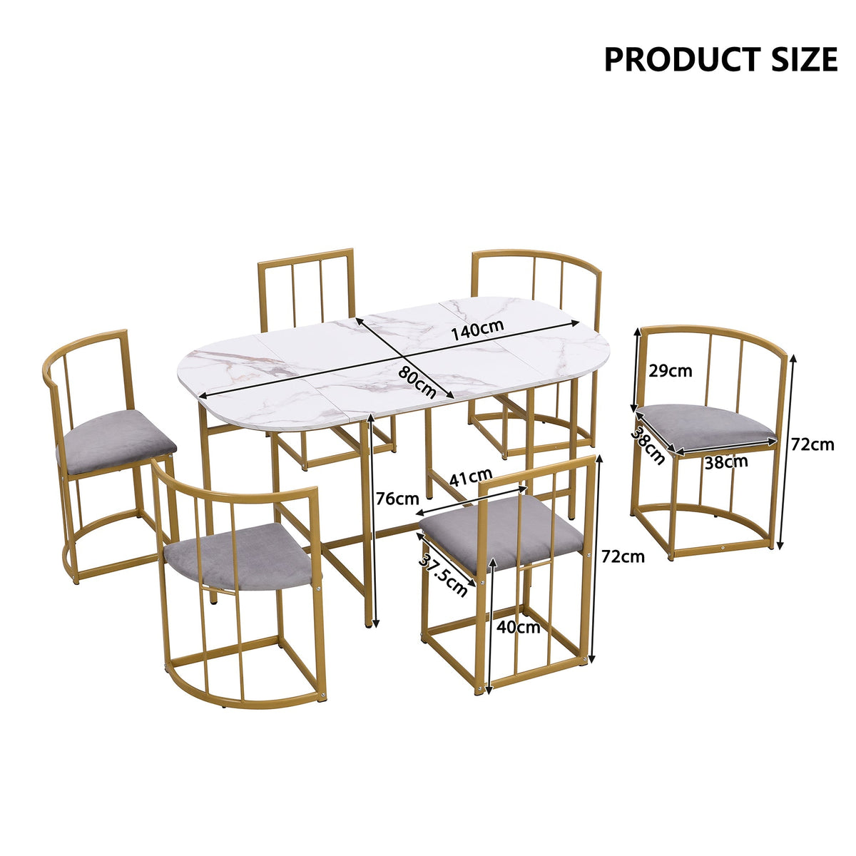 Six-Chair Dining Table Set, Modern Combination, White & Gold-Colored Iron