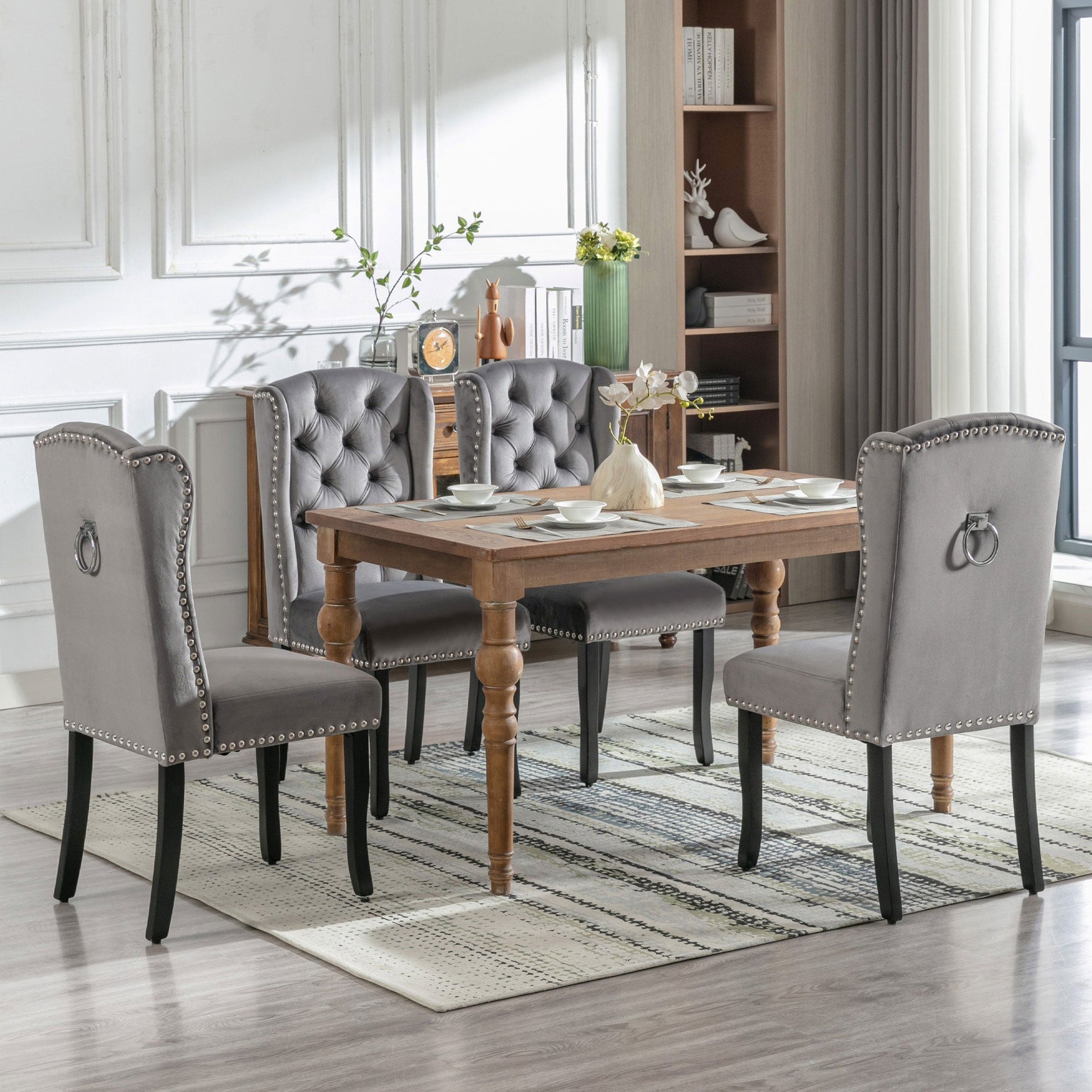 Velvet Dining Chairs Set of 6 | Oak Legs Chrome Knocker Nailhead Trim - Grey
