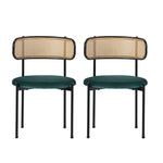 Velvet Dining Chair Set of 2 Modern Rattan Metal Legs - Green