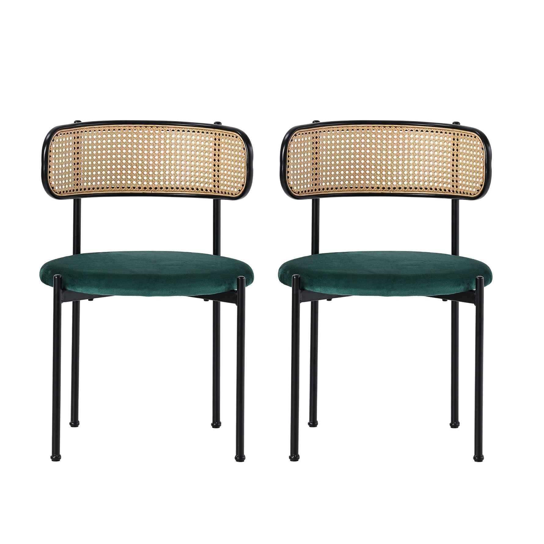 Velvet Dining Chair Set of 2 Modern Rattan Metal Legs - Green