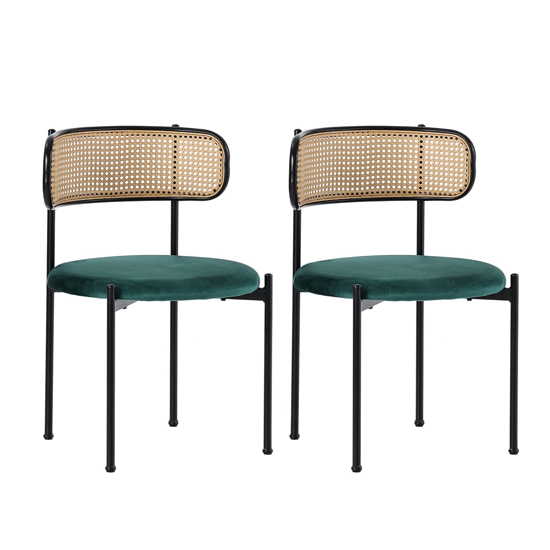 Velvet Dining Chair Set of 2 Modern Rattan Metal Legs - Green